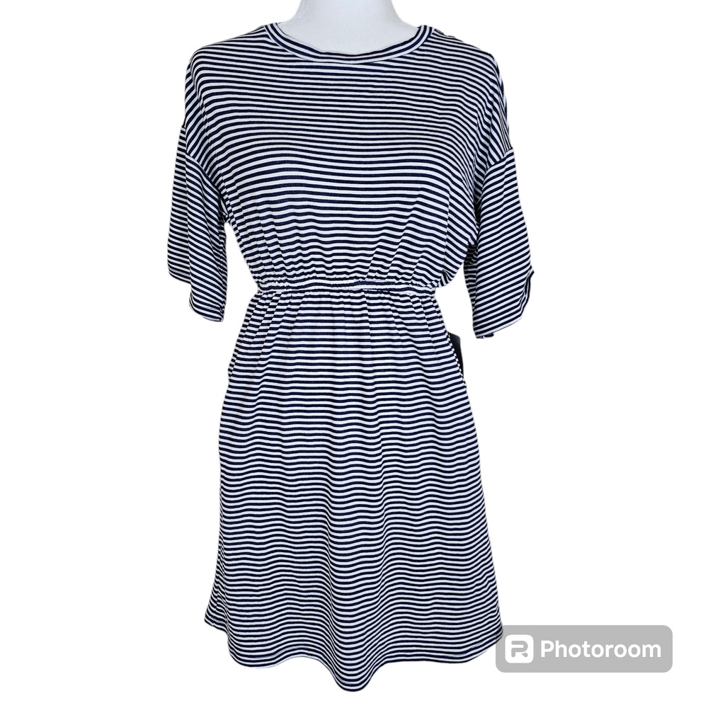 Good Luck Gem Mini Dress Womens Small Blue Striped Half Sleeve Crew Neck